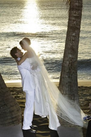 The two had a sunset wedding on the beach of Rincon Puerto Rico
