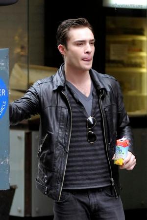 ed westwick style leather jacket and jeans