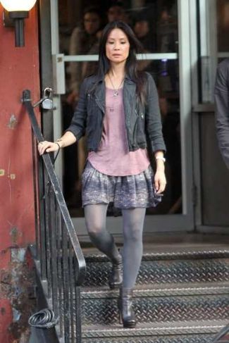 lucy liu elementary fashion - isabel marant pleated printed silk georgette skirt and free people linen moto jacket