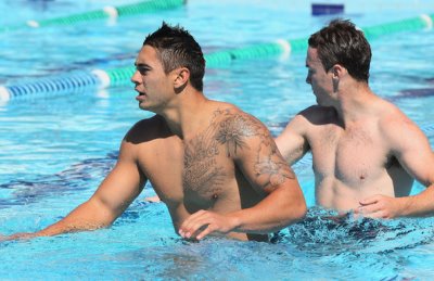 Shaun Johnson shirtless - New Zealand Warriors NRL recovery session at Panmure Pools - with james maloney now with roosters