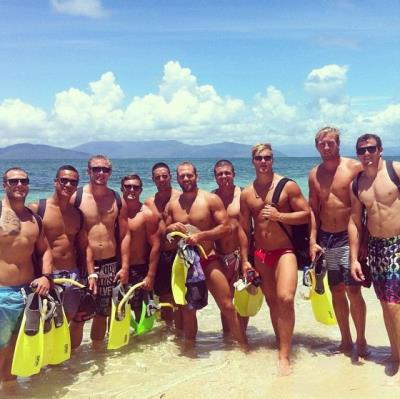 st george illawarra dragons - shirtless rugby players - jason nightingale and Jack DeBelin in speedo suits