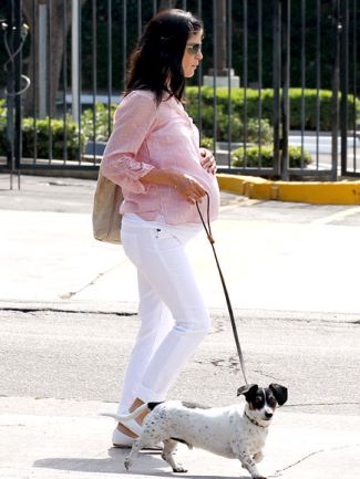 maternity jeans brand guide - Selma Blair wears AG Jeans Stilt Secret Fit Belly Slim Leg maternity jeans