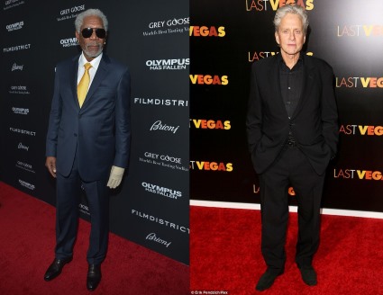 old men fashion - morgan freeman in brioni navy single-breasted suit with white shirt and yellow silk tie and michael douglas monochrome