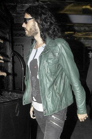 mens green leather jacket - russell brand in sword leather jacket