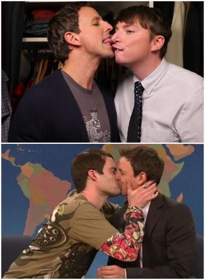 seth meyers gay kiss with Bill Hader as Stefon and mike o brien