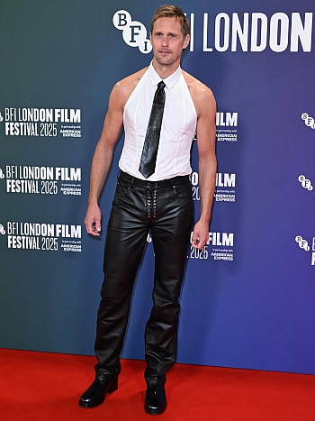 actors in leather pants - Pillion screening oct 2025 - Alexander Skarsgård wears Look 16 Ludovic de Saint Sernin Autumn Winter 2025