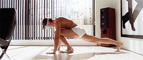 christian bale underwear stretching workout - patrick bateman
