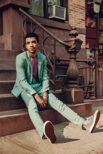justice smith fashion style - suit by topman for gq magazine